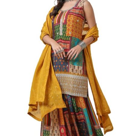 Mustard Tile Print Chinon Suit Set with Dupatta