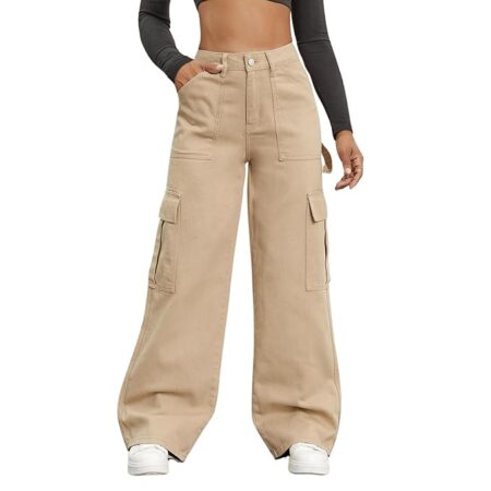 Classic Wide Leg 6 Pocket Beige Cargo Jeans for Women