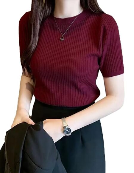 Plain Round Neck Rib Knit Regular Top for Women