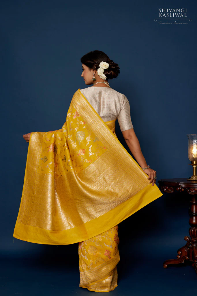 Banarasi Luxurious Bright yellow flower design Saree
