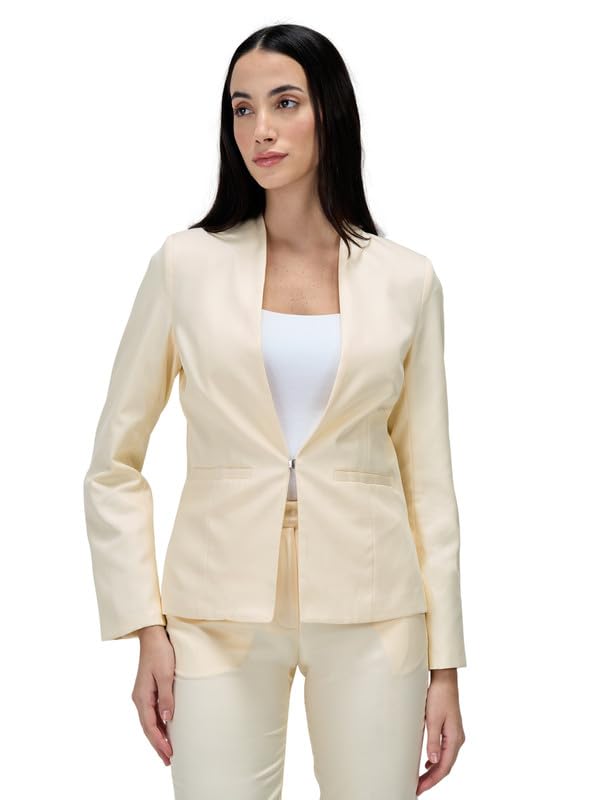 Salt Attire Women’s Single Breasted Blazer Coat – Solid Polyester, Cream, Casual Office Jacket