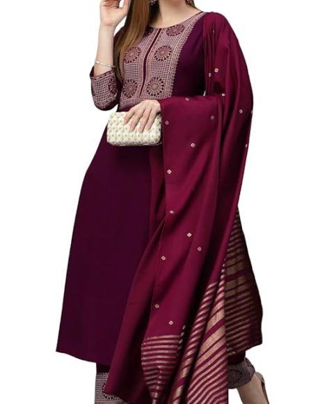 Women Viscose Embroidered Kurti Pant and Dupatta Set