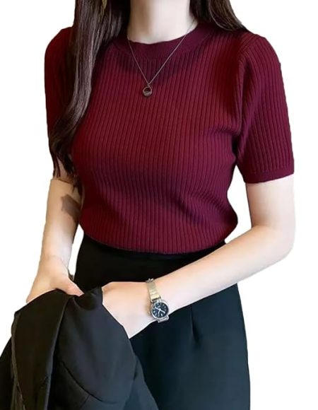 Plain Round Neck Rib Knit Regular Top for Women