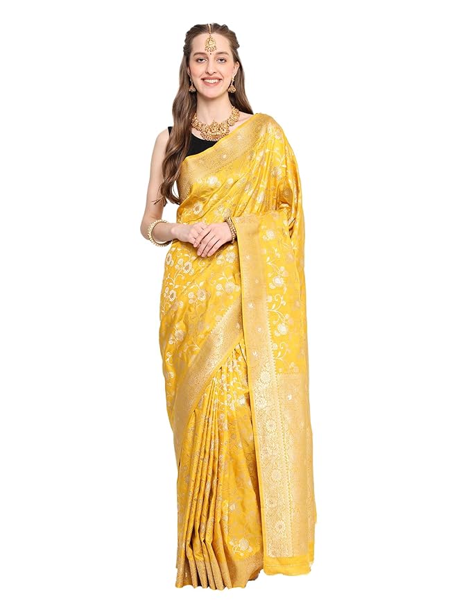 Banarasi Luxurious Bright yellow flower design Saree