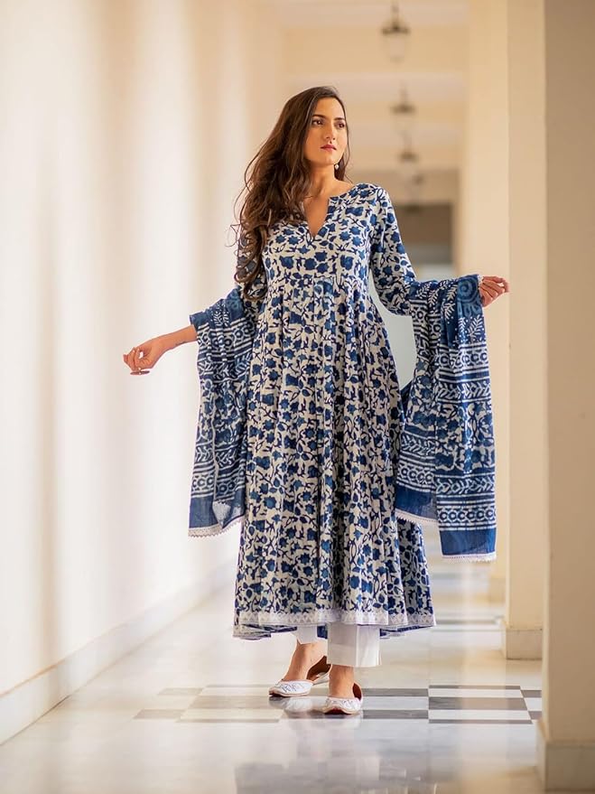 Women's Cotton Kurta with Palazzo & Dupatta Set