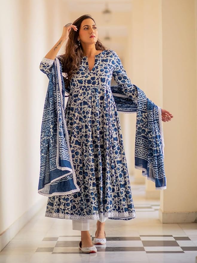Women's Cotton Kurta with Palazzo & Dupatta Set