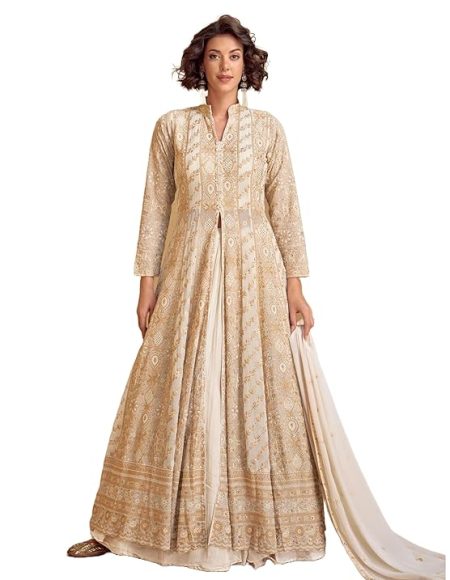 Women's Off White Chinon Stitched Top With Bottom and Dupatta Full Sleeve Embroidered Lehenga Set