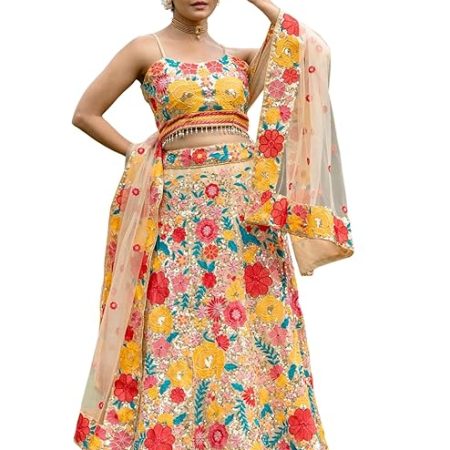 Women's Georgette Semi Stitched Lehenga Choli With Dupatta | Thread And Sequin Embroidery Pattern