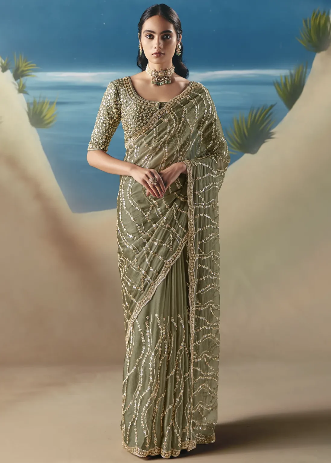 Designer Sage Green Embellished Saree with Sequin Work
