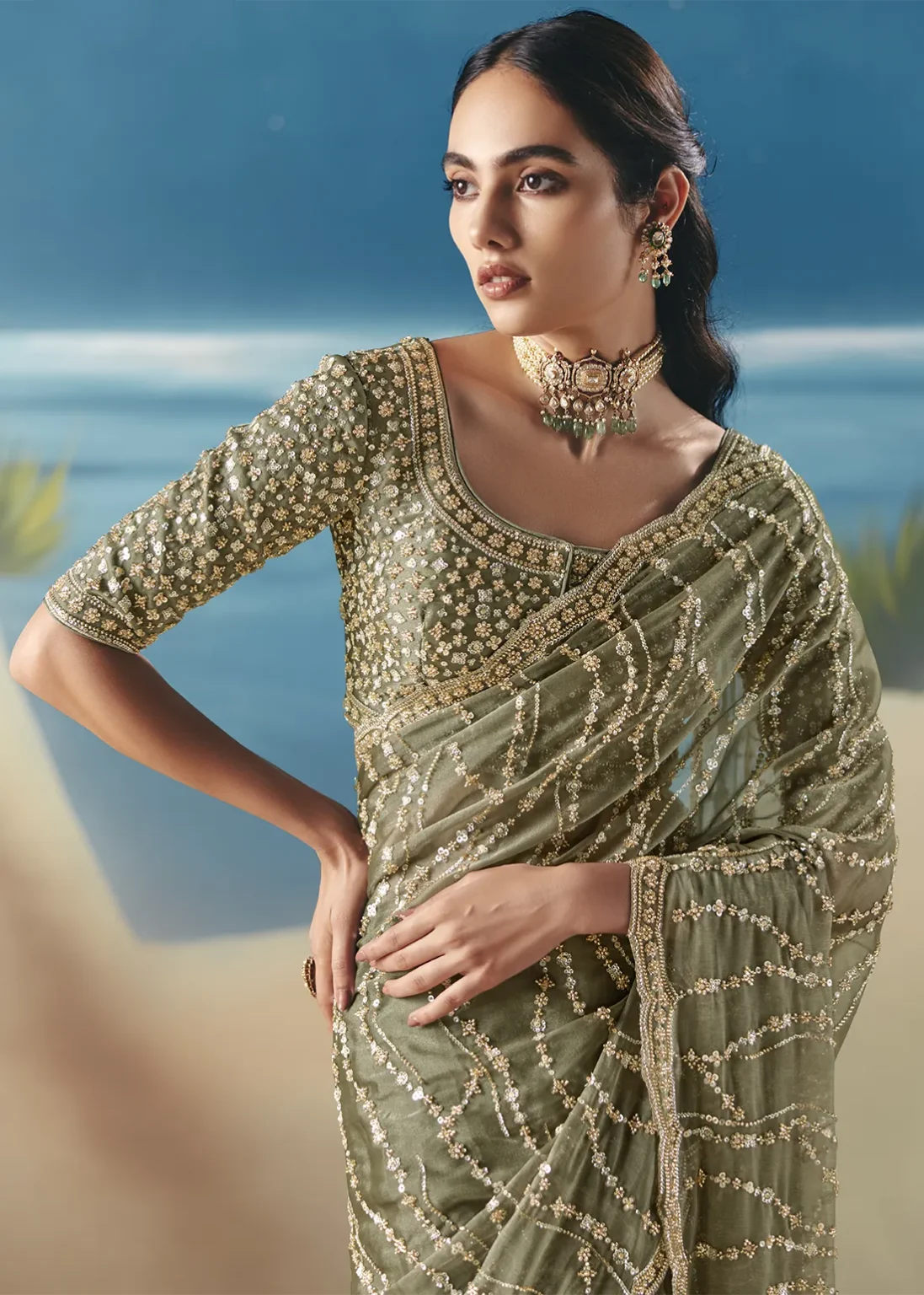 Designer Sage Green Embellished Saree with Sequin Work