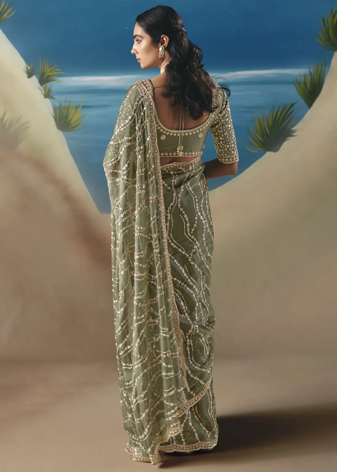 Designer Sage Green Embellished Saree with Sequin Work