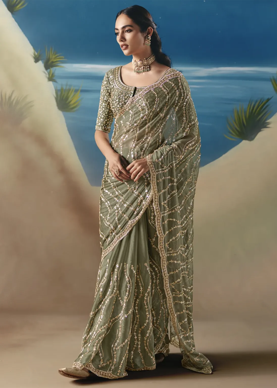 Designer Sage Green Embellished Saree with Sequin Work