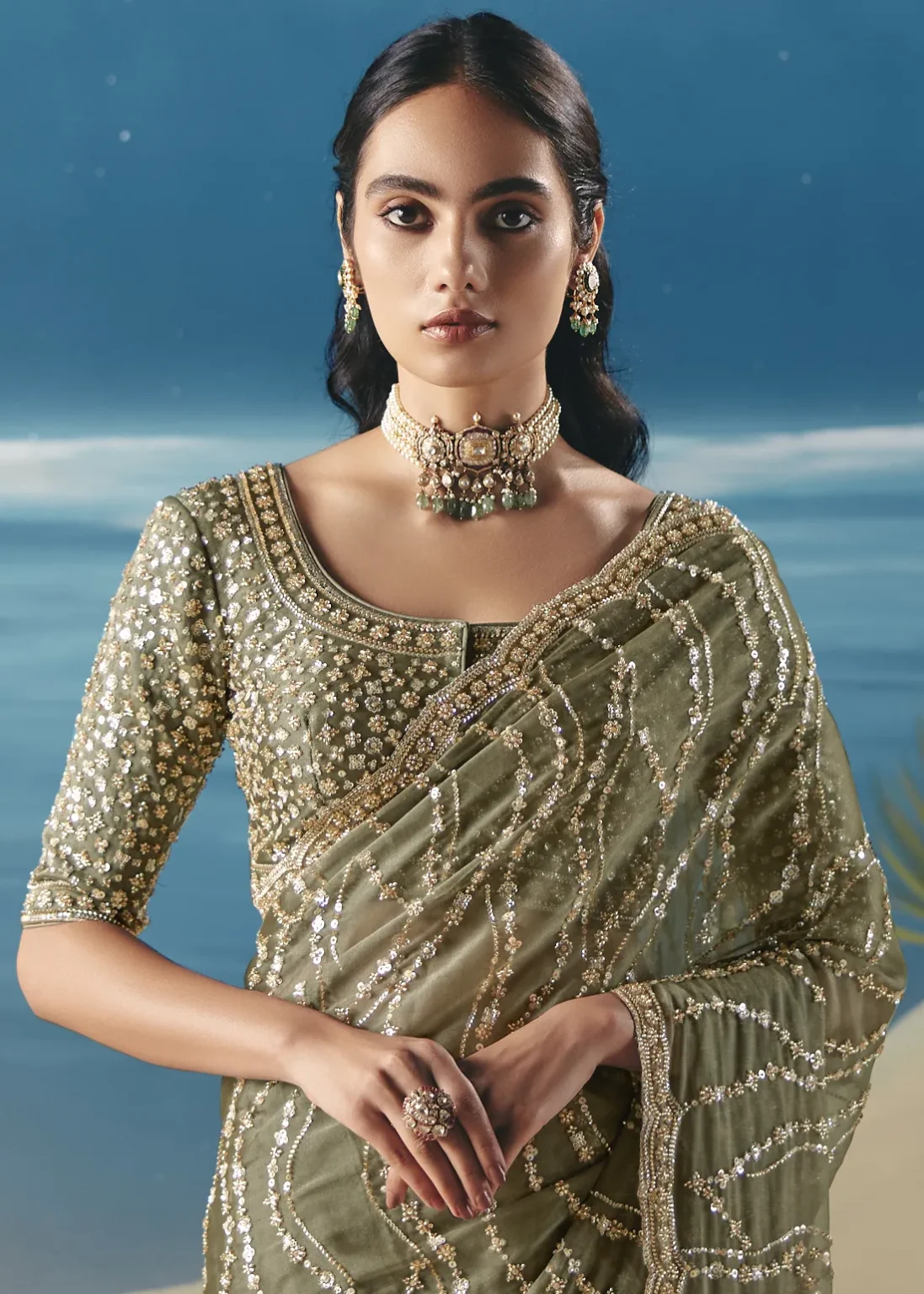 Designer Sage Green Embellished Saree with Sequin Work
